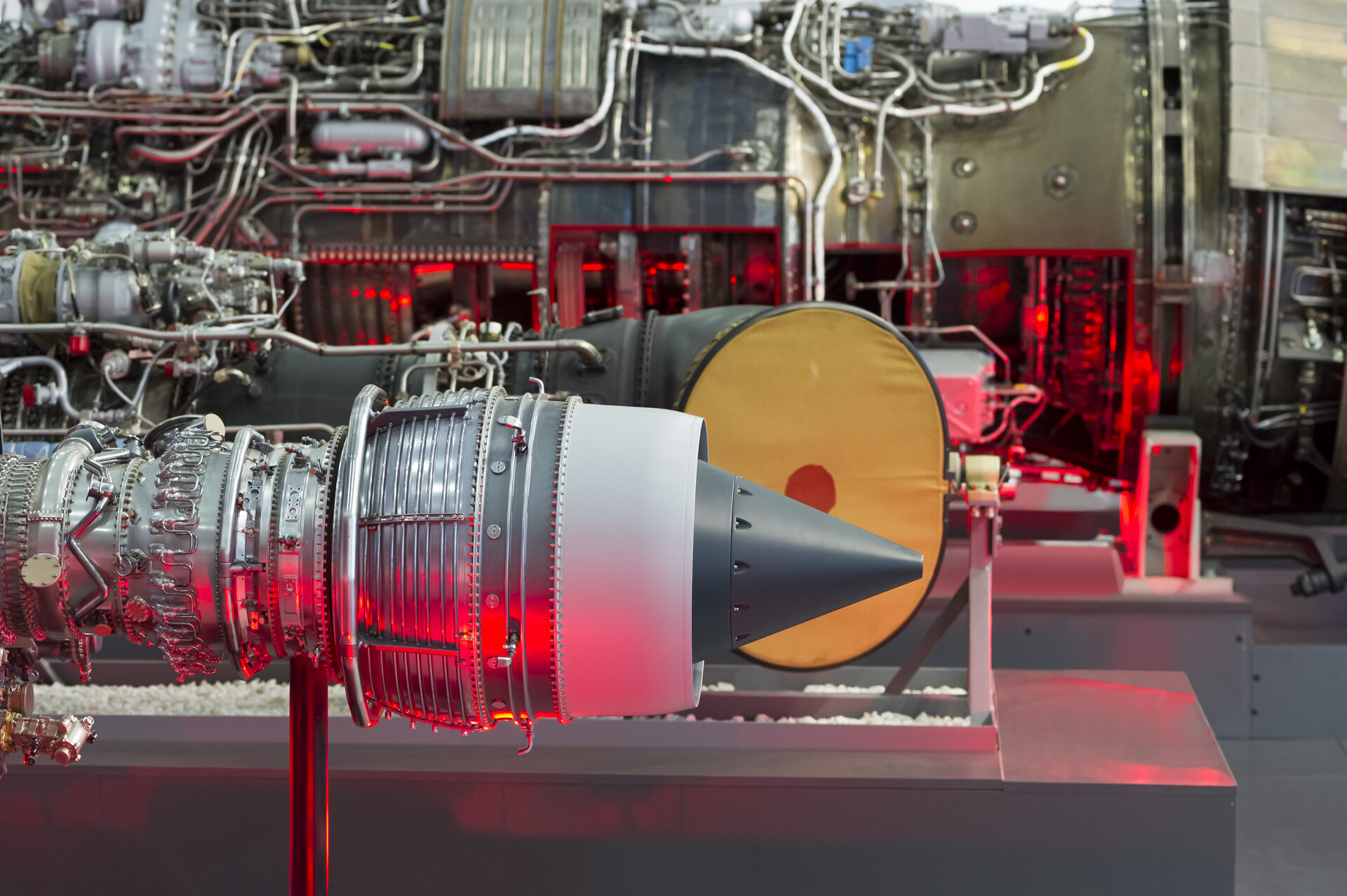 Military aviation engines showing internal structure and hardware