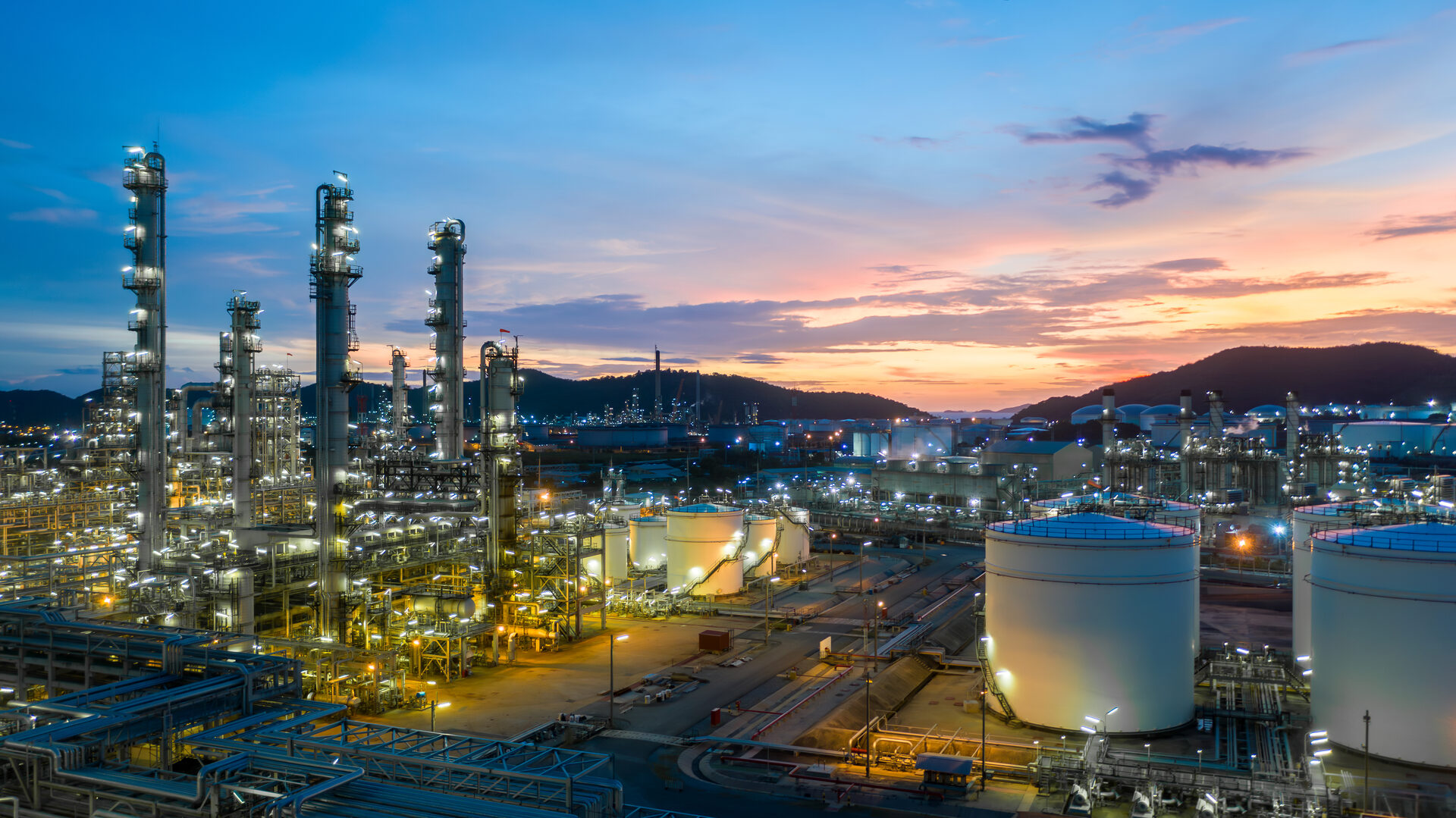 Aerial view of an oil and gas refinery at night